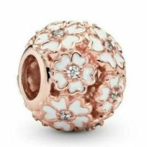 New Pandora Rose Gold Primrose Meadow White Enamel Charm Bead w/pouch
